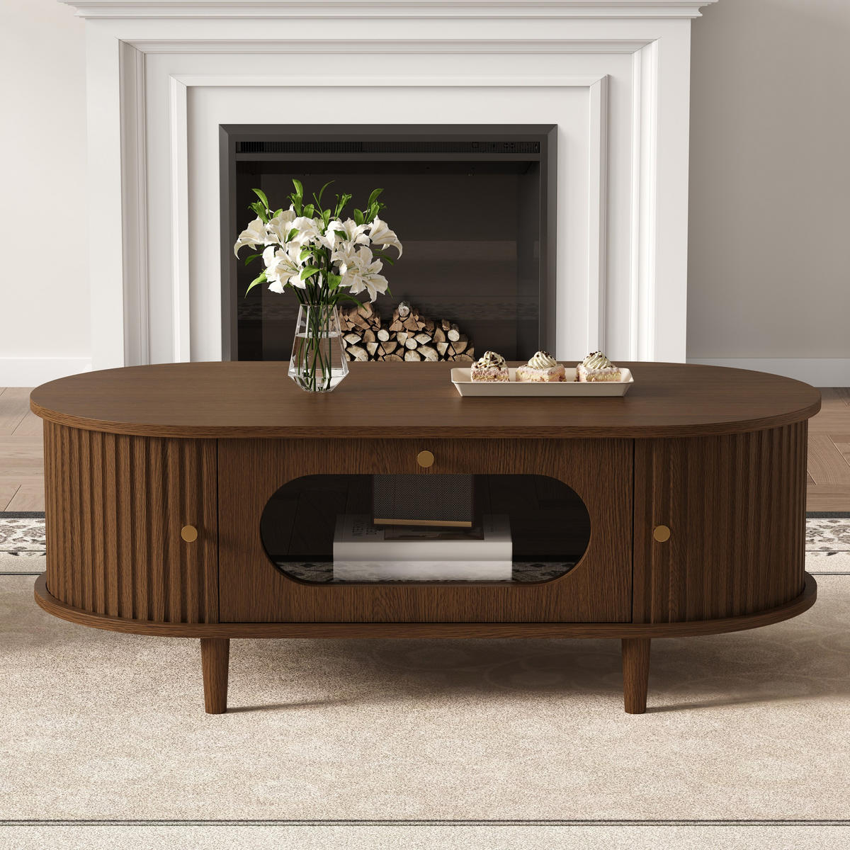 COUCHTISCH 100/50/36 cm Walnuss aus MDF mit Schublade und Rollladentüren - Nussbaumfarben, Holzwerkstoff (100/50/36cm) - OKWISH