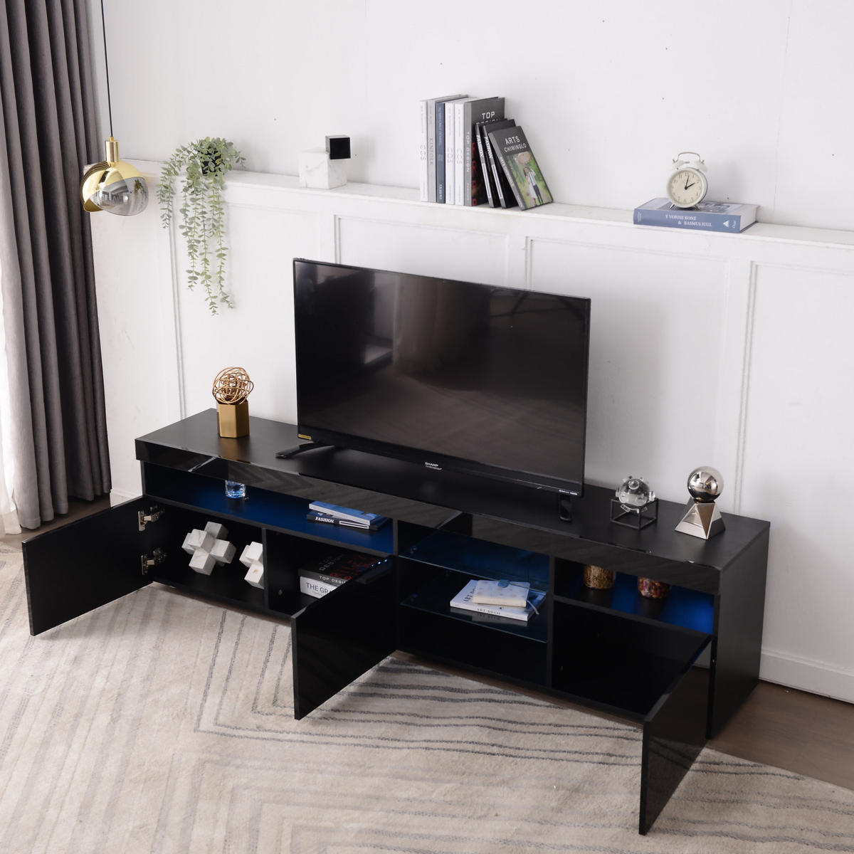 TV Lowboard LED, 3 Türen, 2 Glasregale, Schwarz - Schwarz, Holz (180/45/35cm)