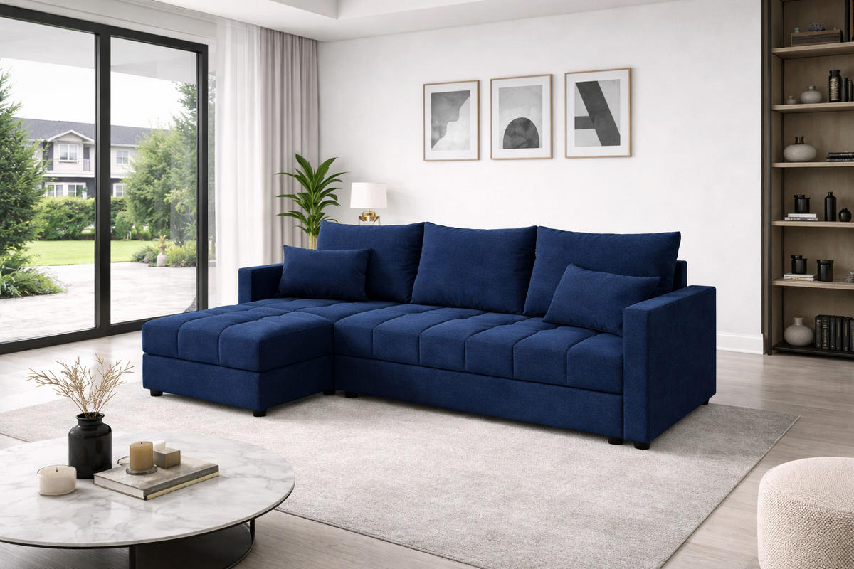 WOHNLANDSCHAFT AURELIA– Ecksofa in L-Form mit Schlaffunktion Bettkasten & Kissen Stoff KRONOS 226 cm Blau - Blau, Kunststoff (226/140cm) - Wohnideebilder