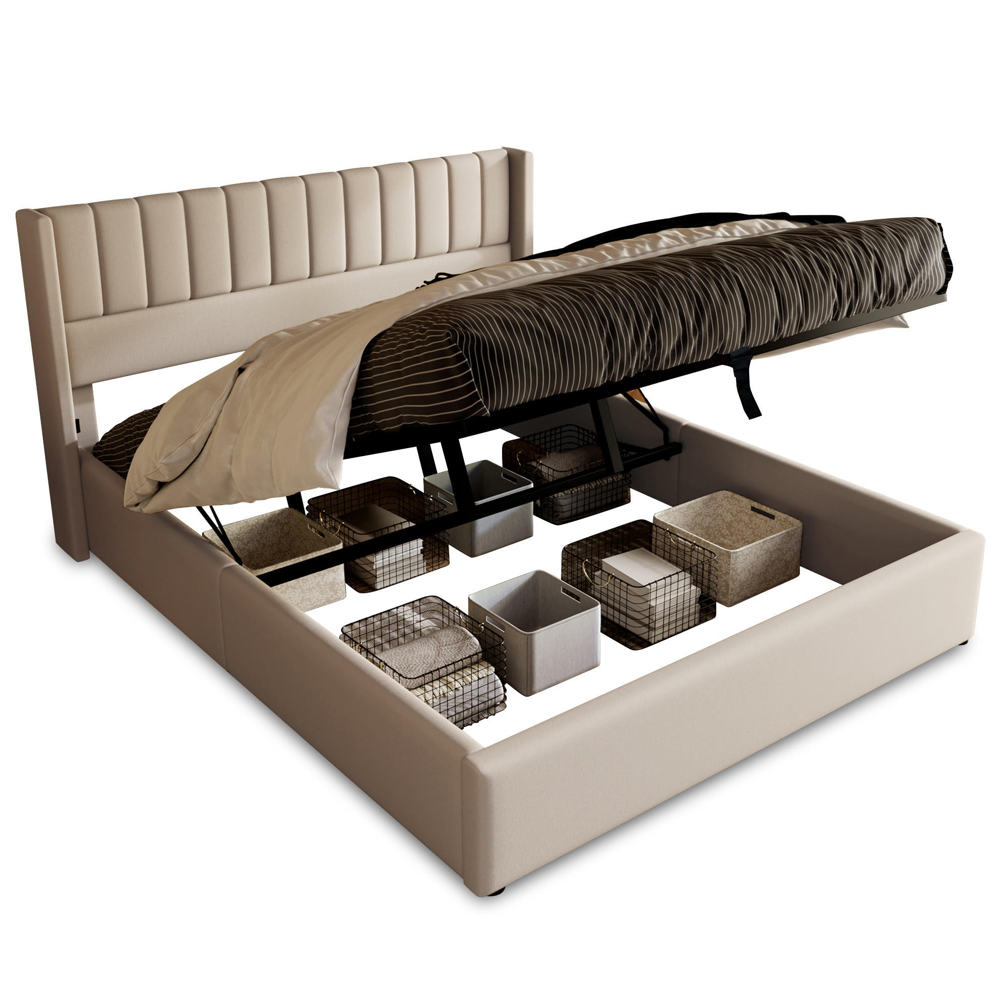 POLSTERBETT 180/200 cm mit hydraulischem Bettkasten, gepolstertem Kopfteil und Leinenbezug, Beige - Beige, Textil (180/200cm) - Redom