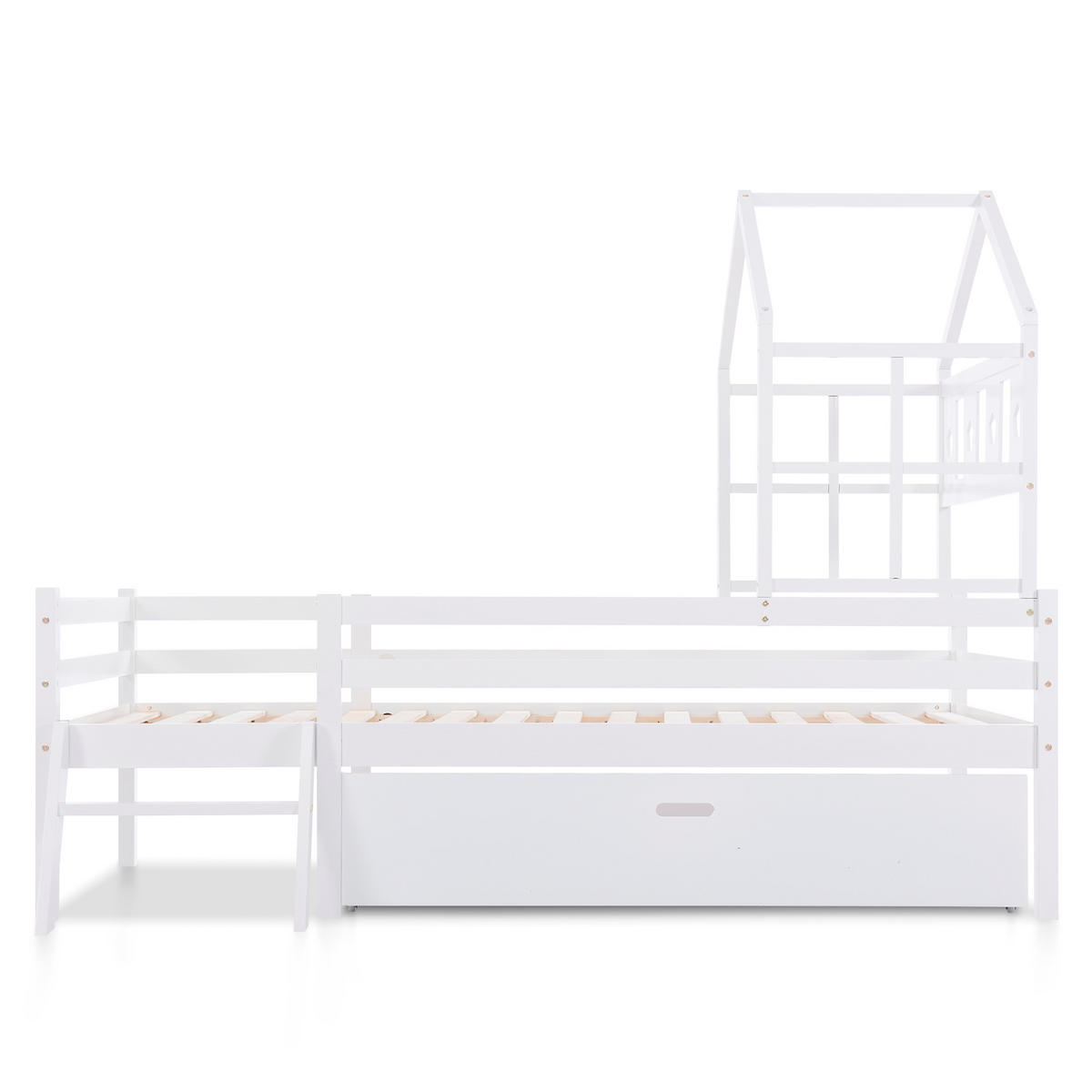 KINDEREINZELBETTEN aus Massivholz 90x200 cm in Weiß mit Leiter, Schublade & Rausfallschutz - Weiß, Holz (90/200cm) - Modfu