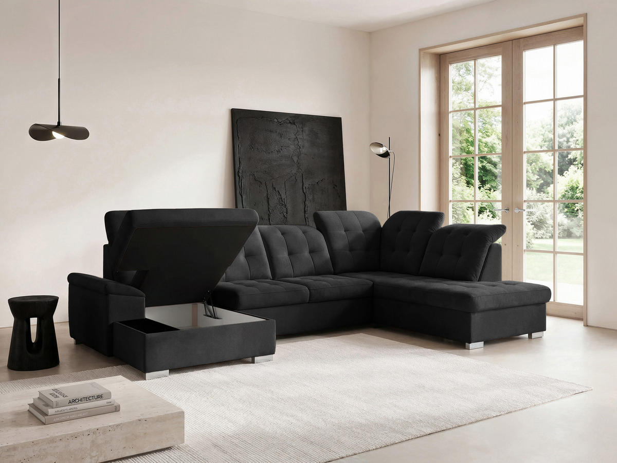 WOHNLANDSCHAFT ANON Ottomane Rechts, mit Schlaffunktion und Bettkasten, Schwarz - Schwarz, Kunststoff/Textil (322/87/220cm) - Idohome