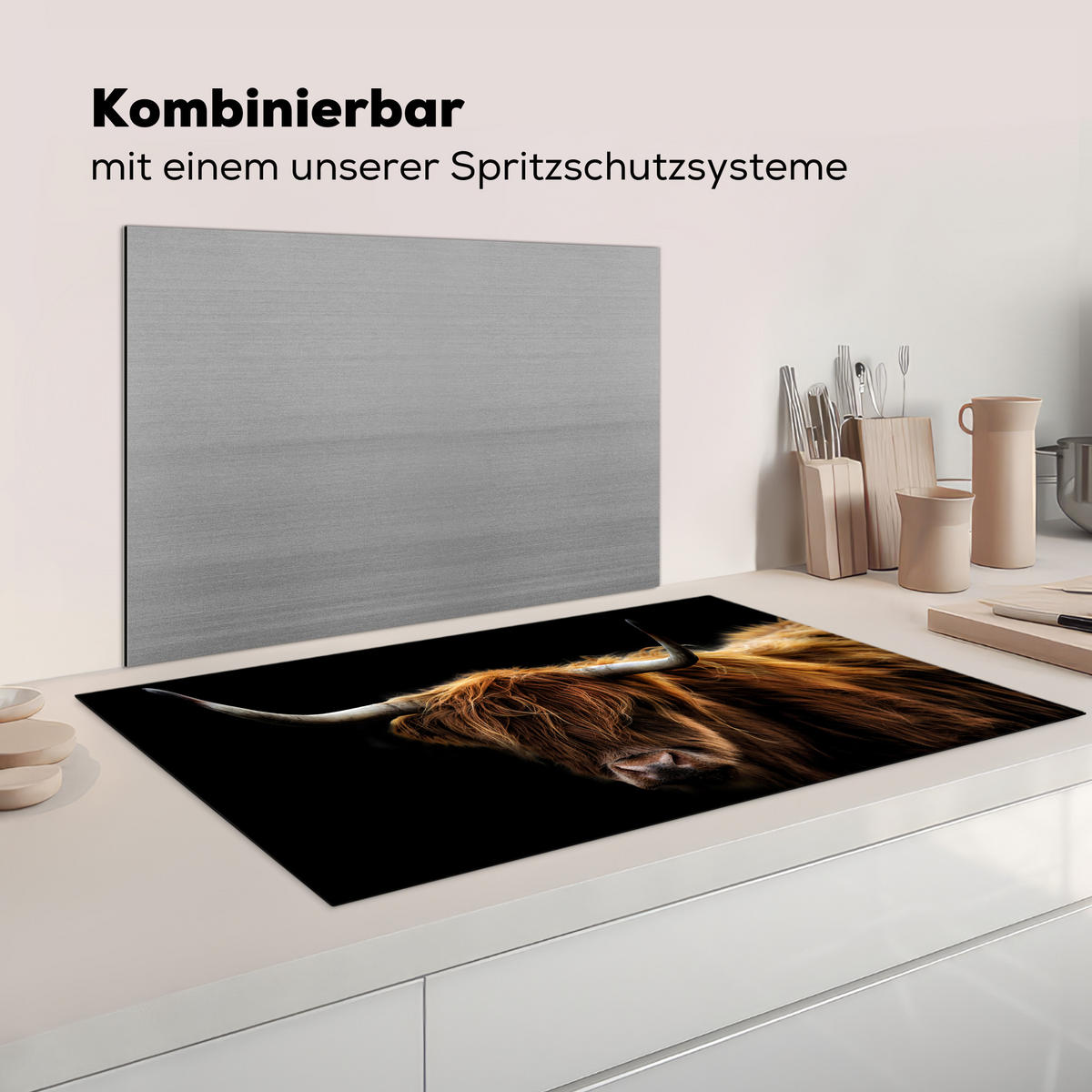 KRYT NA INDUKČNÍ DESKU Skotský horal - Rohy - Černá - Zvířata - Příroda - Divoká - Kráva 91.2x52 cm - koňaková, plast (91.2/52/0.2cm) - MuchoWow