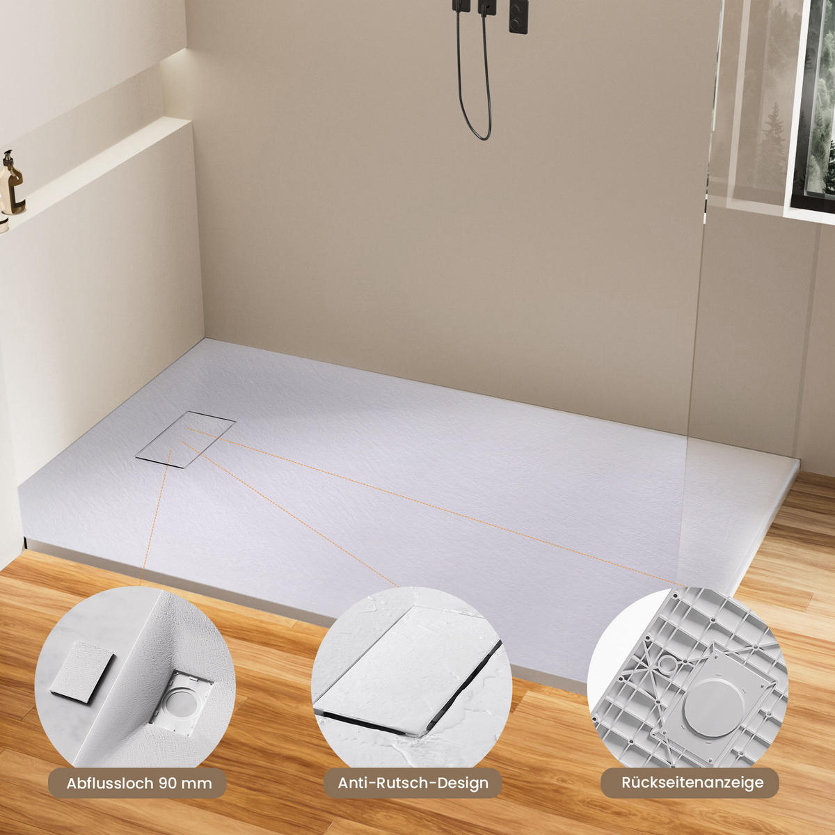 DUSCHWANNE mit rutschhemmender Oberfläche 90/140 cm, Weiß - Weiß, Naturmaterialien (90/2.6/140cm) - EMKE