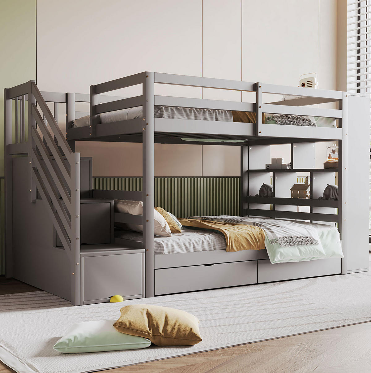 ETAGENBETT aus Kiefernholz 90x200 cm Grau mit Stauraumtreppe, Schubladen und Schrank - Grau, Holzwerkstoff (90/200cm) - IVMEU