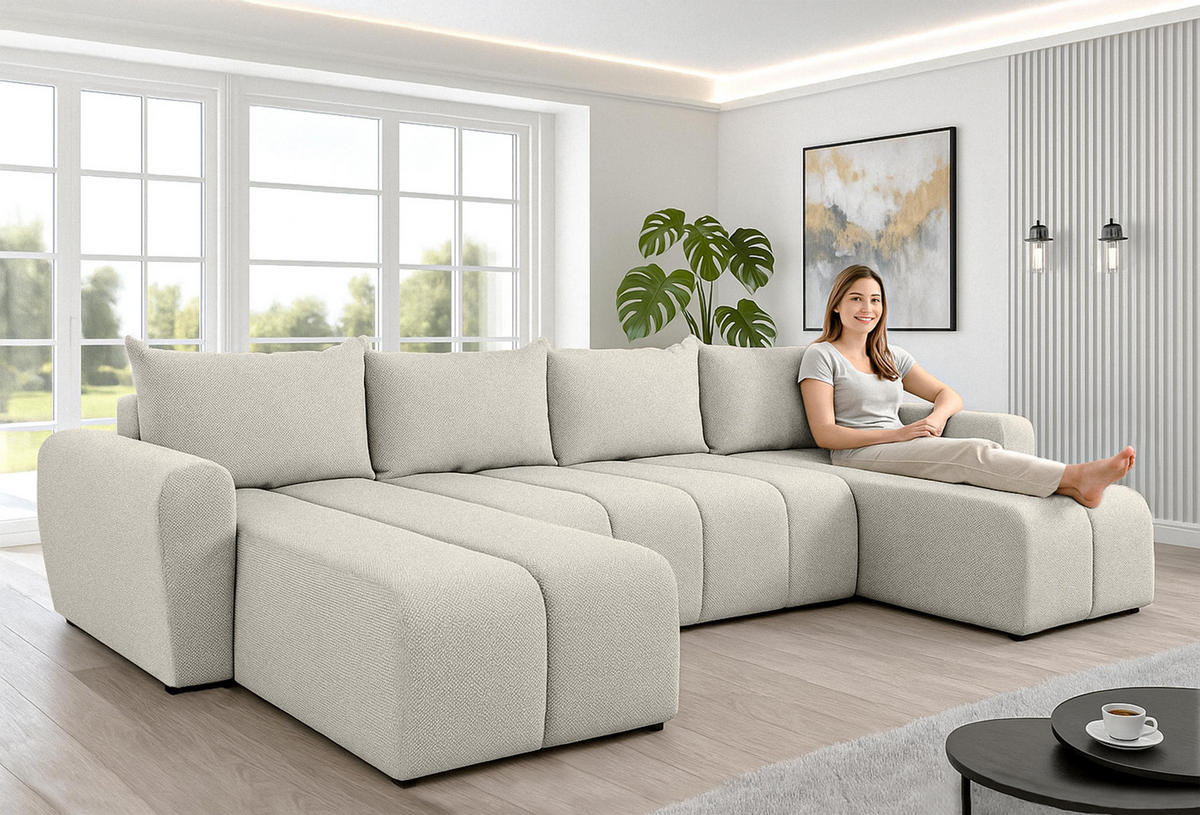 WOHNLANDSCHAFT Ferrande Beige 318/149/91 cm mit Bettkasten Schlaffunktion Design - Beige/Schwarz, Kunststoff/Textil (318/91/149cm) - AX Living