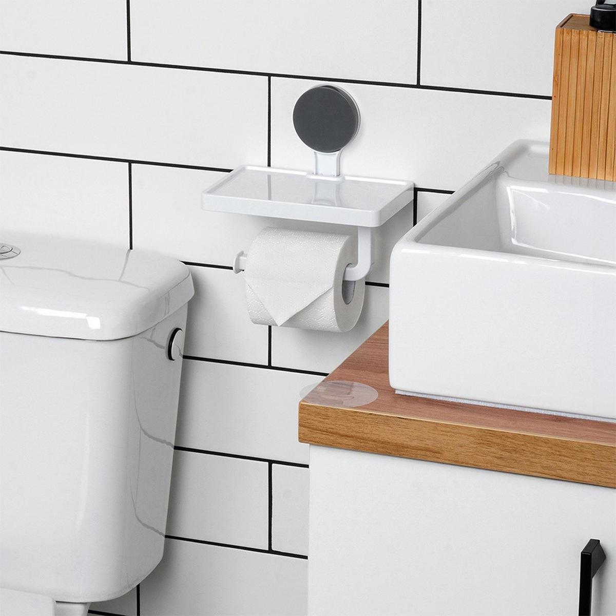 TOILETTENPAPIERHALTER mit Ablage Saugnapf Kunststoff Weiß - Weiß, Kunststoff (18/17.5/11.5cm) - Bathroom solutions