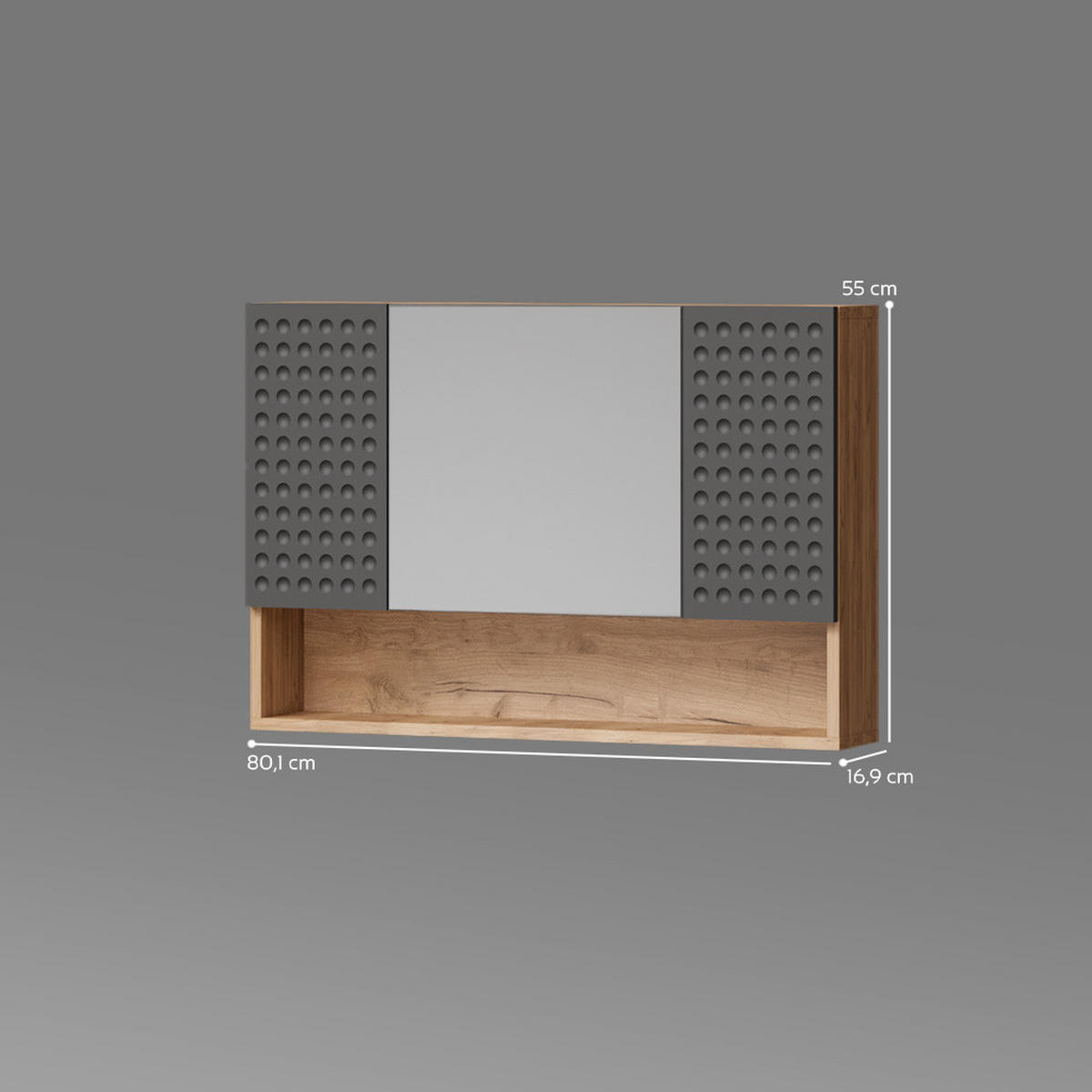 BADSPIEGELSCHRANK Ronco Anthrazit gepunktet 80 x 55 cm - Anthrazit/Eiche Wotan, Holzwerkstoff (80/55/17cm) - Livinity®