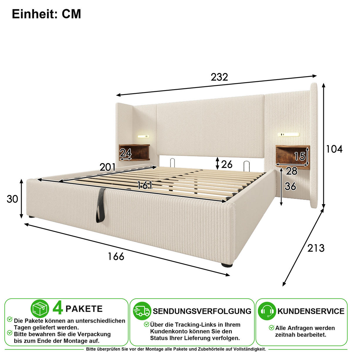 BETTANLAGE 160/200 cm in Beige & Weiß Cord mit Stauraum, Leselampe und Matratze - Beige, Holzwerkstoff/Textil (160/200cm) - CHICFURN