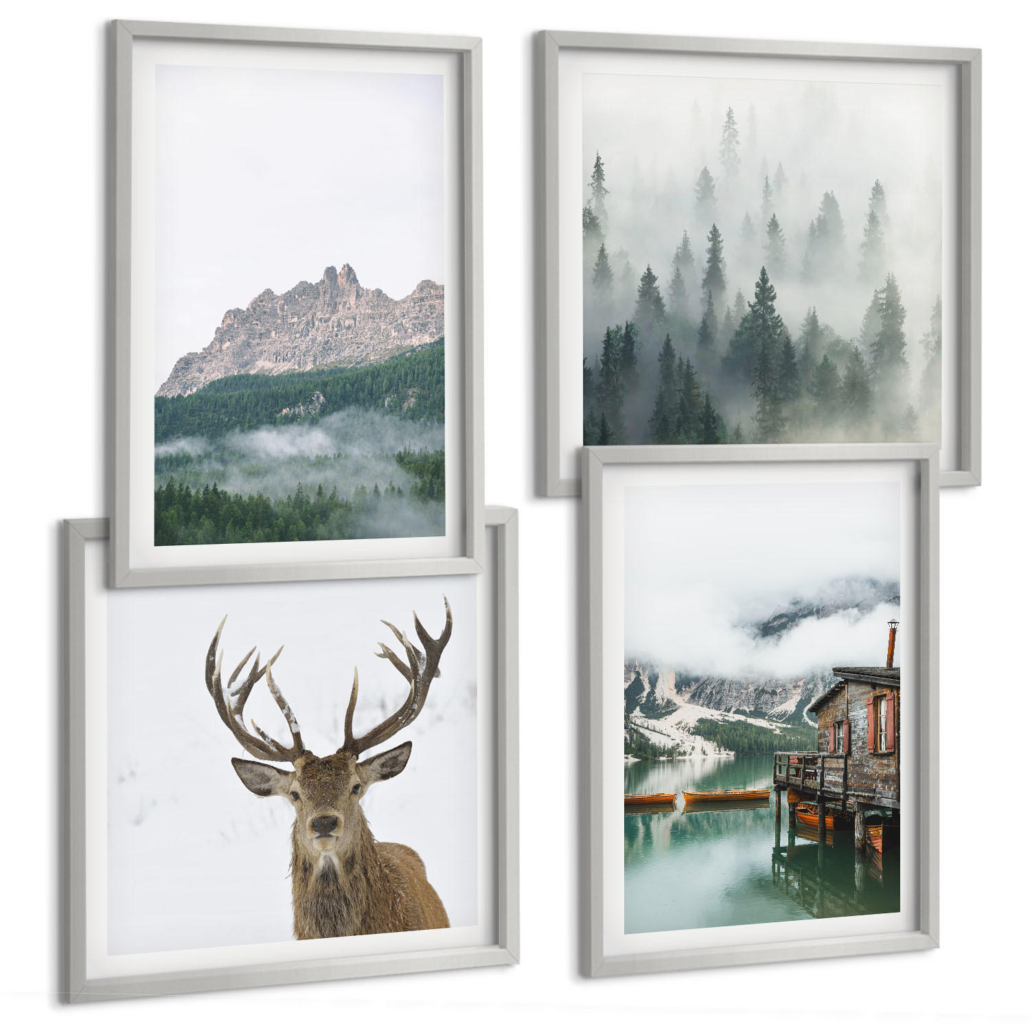 BILDER SET 4er Set - 50x50 cm & 40x60 cm Silberner Rahmen - Berge, See, Hirsche, Hütte, Nebel - Silberfarben, Kunststoff (50/50cm) - TULUP
