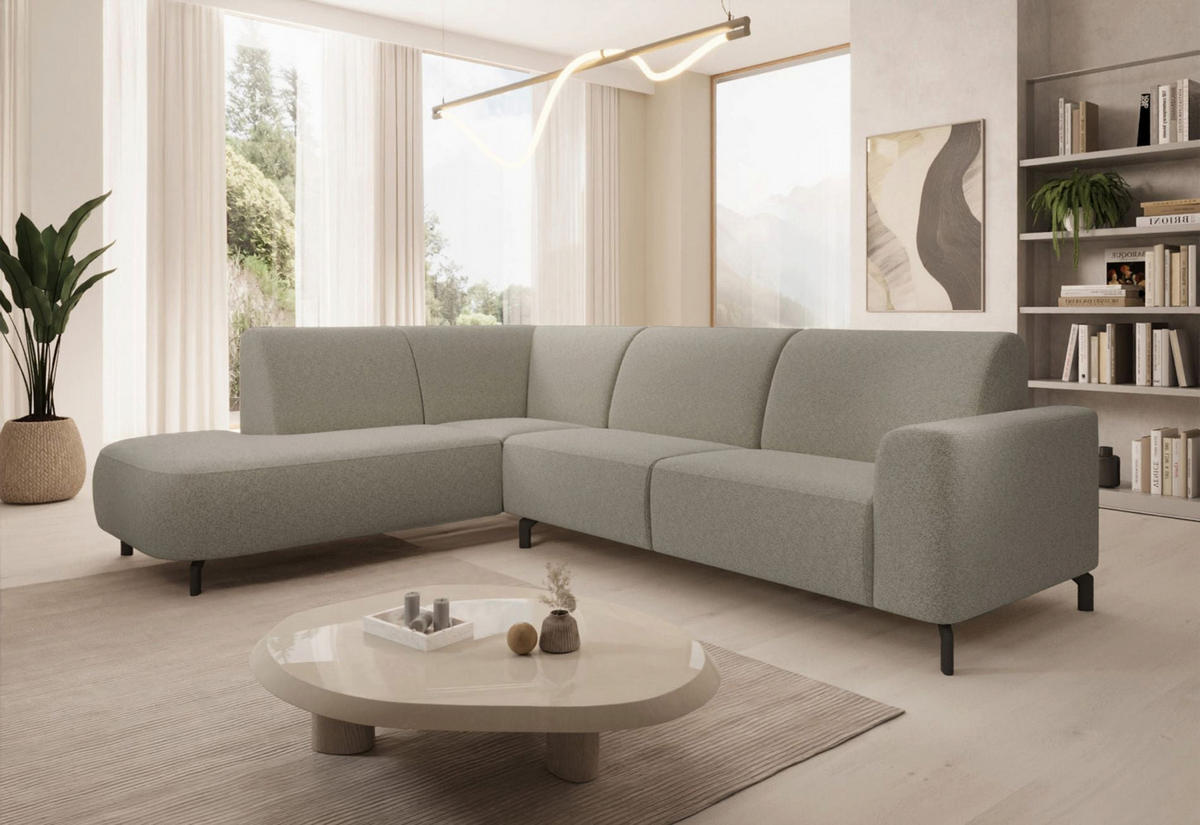 ECKSOFA Lununa Graubeige mit Armlehne, Bouclé, Ottomane links - Graubraun/Schwarz, Textil/Metall (277/218cm) - Selsey