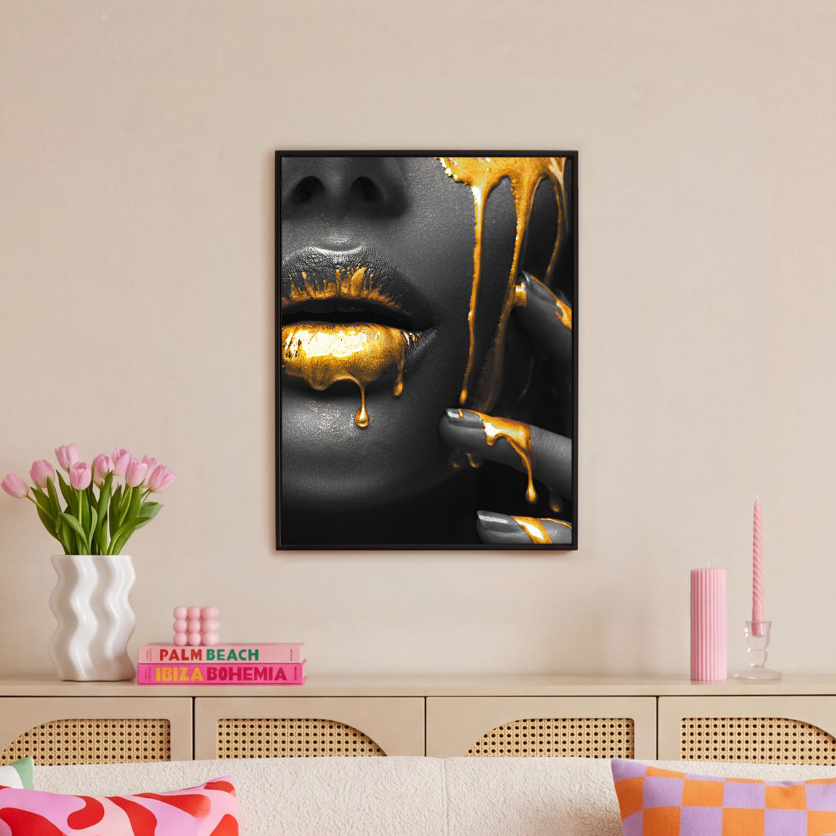 LEINWAND Bilder mit Rahmen - Frau - Schwarz - Gold - Gesicht - Lippen - 60x80 - Goldfarben, Textil (60/80cm) - MuchoWow