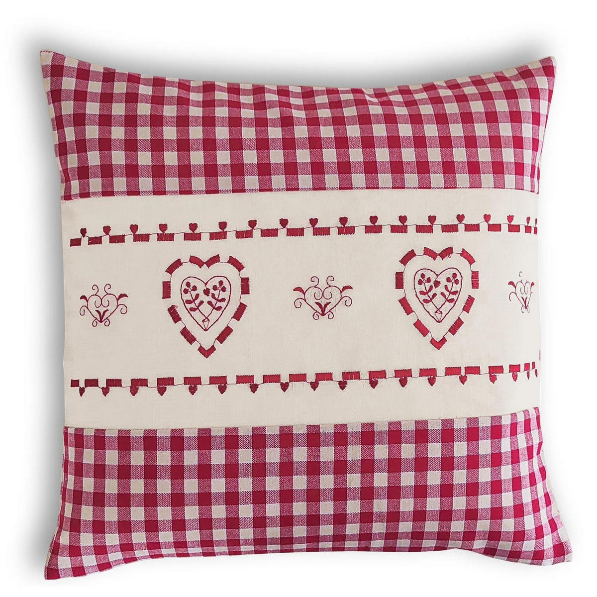 KISSENHÜLLE Herz rot 40/40 cm Landhaus-Stil Stickerei mit Reißverschluss - Beige/Rot, Textil (40/40cm) - wometo