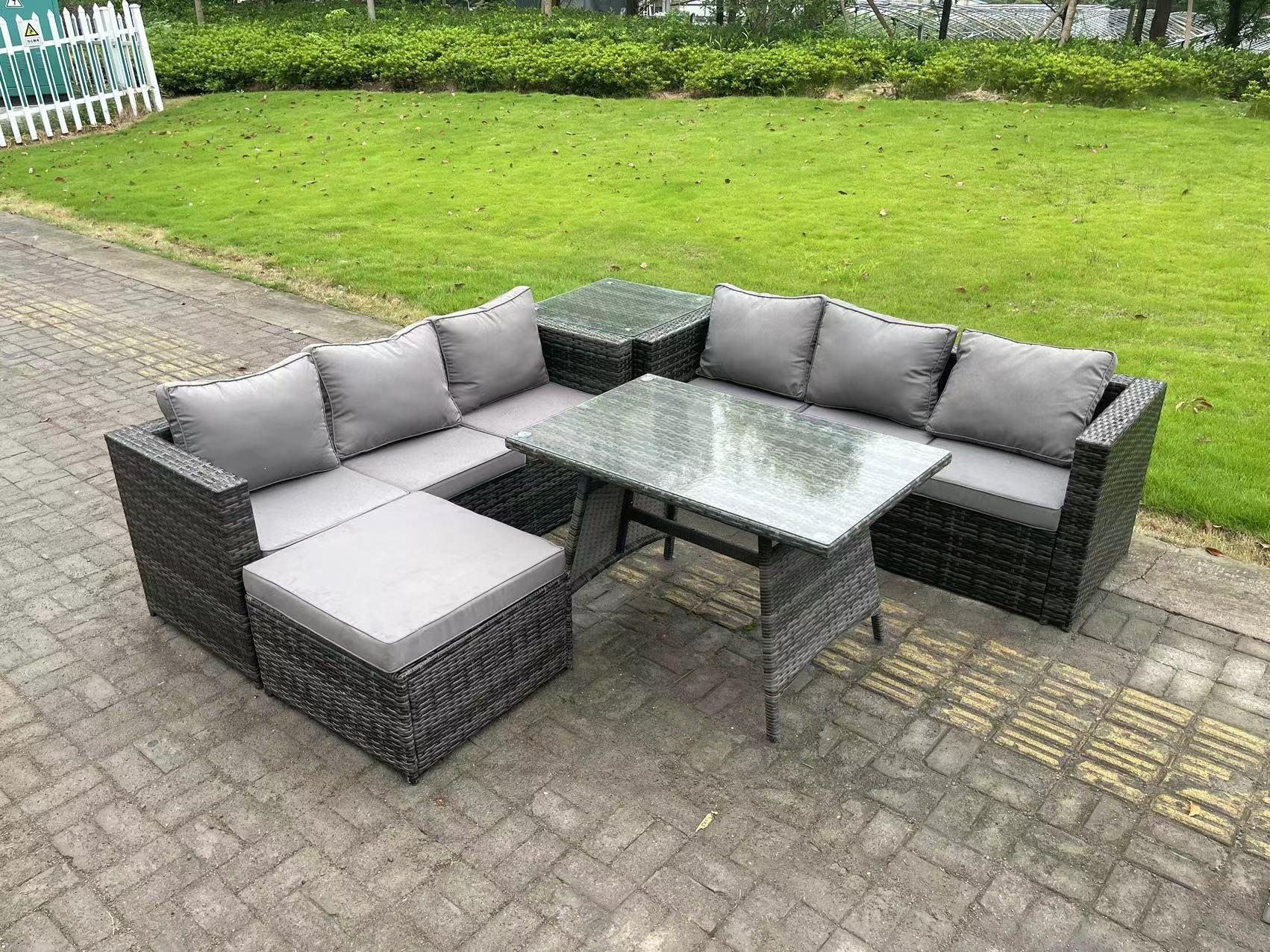 GARTENMÖBELSET mit Hocker Esstisch 7-Sitzer Grau - Dunkelgrau/Grau, Glas/Kunststoff - Fimous