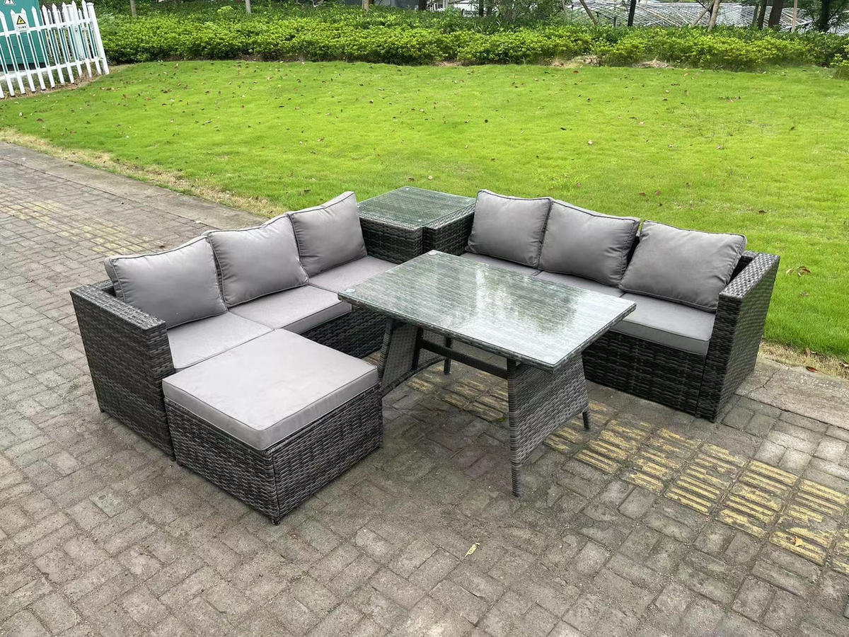 GARTENMÖBELSET mit Hocker Esstisch 7-Sitzer Grau - Dunkelgrau/Grau, Glas/Kunststoff - Fimous