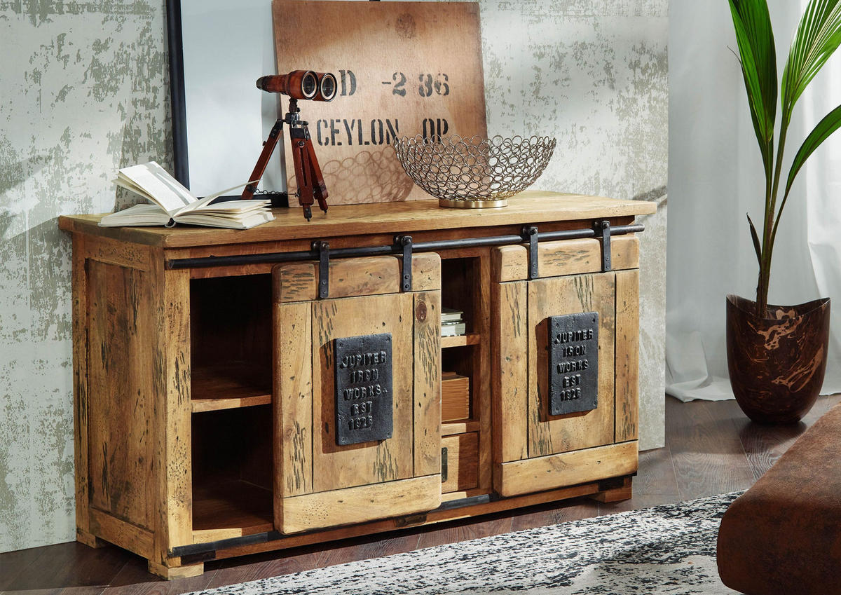 SIDEBOARD Mango 128x45x70 natur lackiert RAILWAY #102 - Naturfarben, Holz (128/70/45cm) - Massivmoebel24