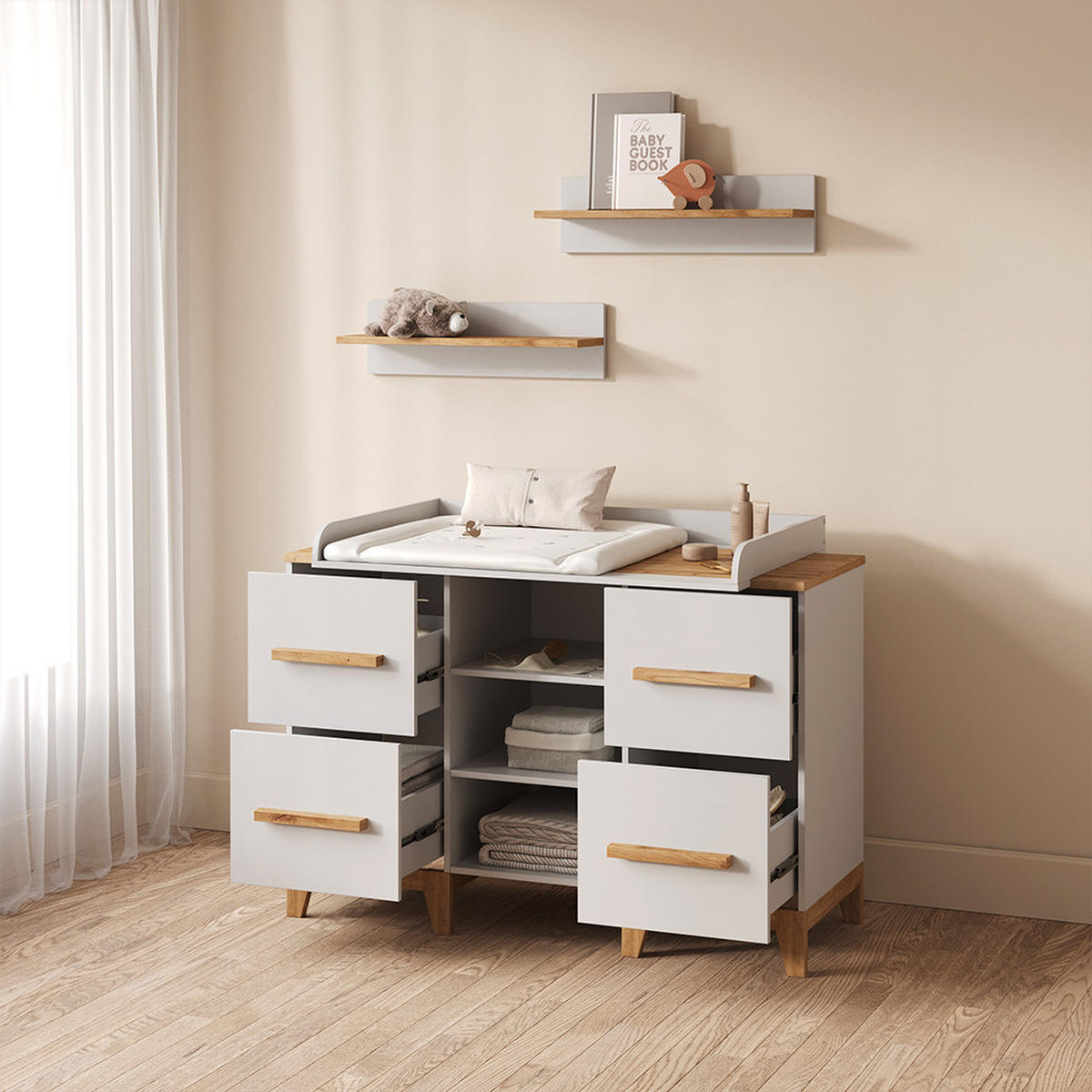 WICKELKOMMODE Mailo Weiß/Artisan XL mit 4 Schubladen - Weiß/Eiche Artisan, Holzwerkstoff (133/108/70cm) - Livinity®