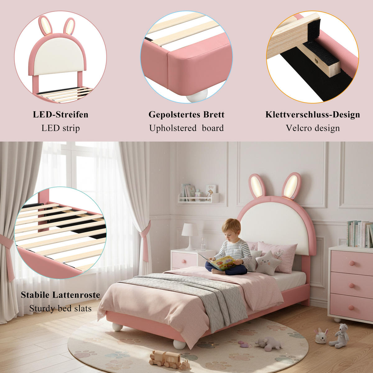 POLSTERBETT 90/200 cm in Rosa & Weiß mit LED und Hasen-Kopfteil - Rosa/Weiß, Holzwerkstoff/Textil (90/200cm) - STILVORA