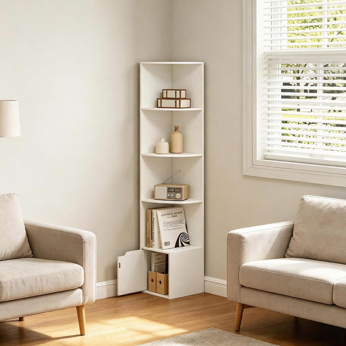 BÜCHERREGAL Weiß 5 offene Fächer und 1 Tür 29,5/29,5/157,5 cm - Weiß, Holz (29.5/157.5/29.5cm) - PANGIVO
