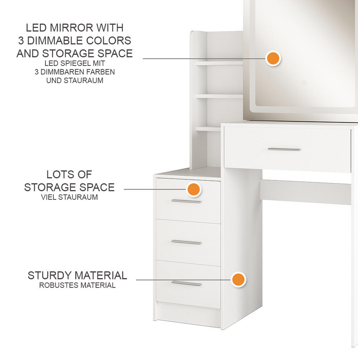 SCHMINKTISCH Lisca Weiß 80 cm mit LED-Spiegel - Weiß, Holzwerkstoff (80/131.6/36cm) - Vicco