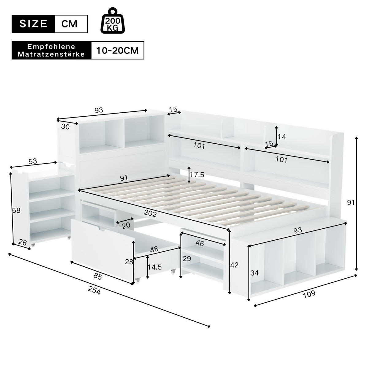 KINDERBETT 90/200 cm mit Lattenrost, Schublade, Regal und Stauraum aus Sperrholz, Weiß - Weiß, Holzwerkstoff (90/200cm) - Redom