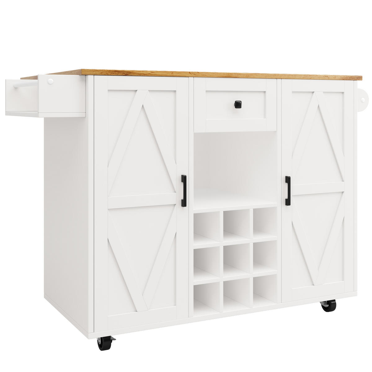 KÜCHENINSEL mit Rollen 137,5/65/95,6 cm Weiß mit Klapptisch, Weinregal und 1 Schublade - Weiß, Holz/Holzwerkstoff (137.5/95.5/65cm) - Oxeza