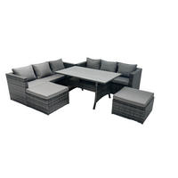 LOUNGEGARNITUR mit Hockern Polyrattan Dunkelgrau 8-Sitzer - Dunkelgrau/Grau, Glas/Kunststoff - Fimous