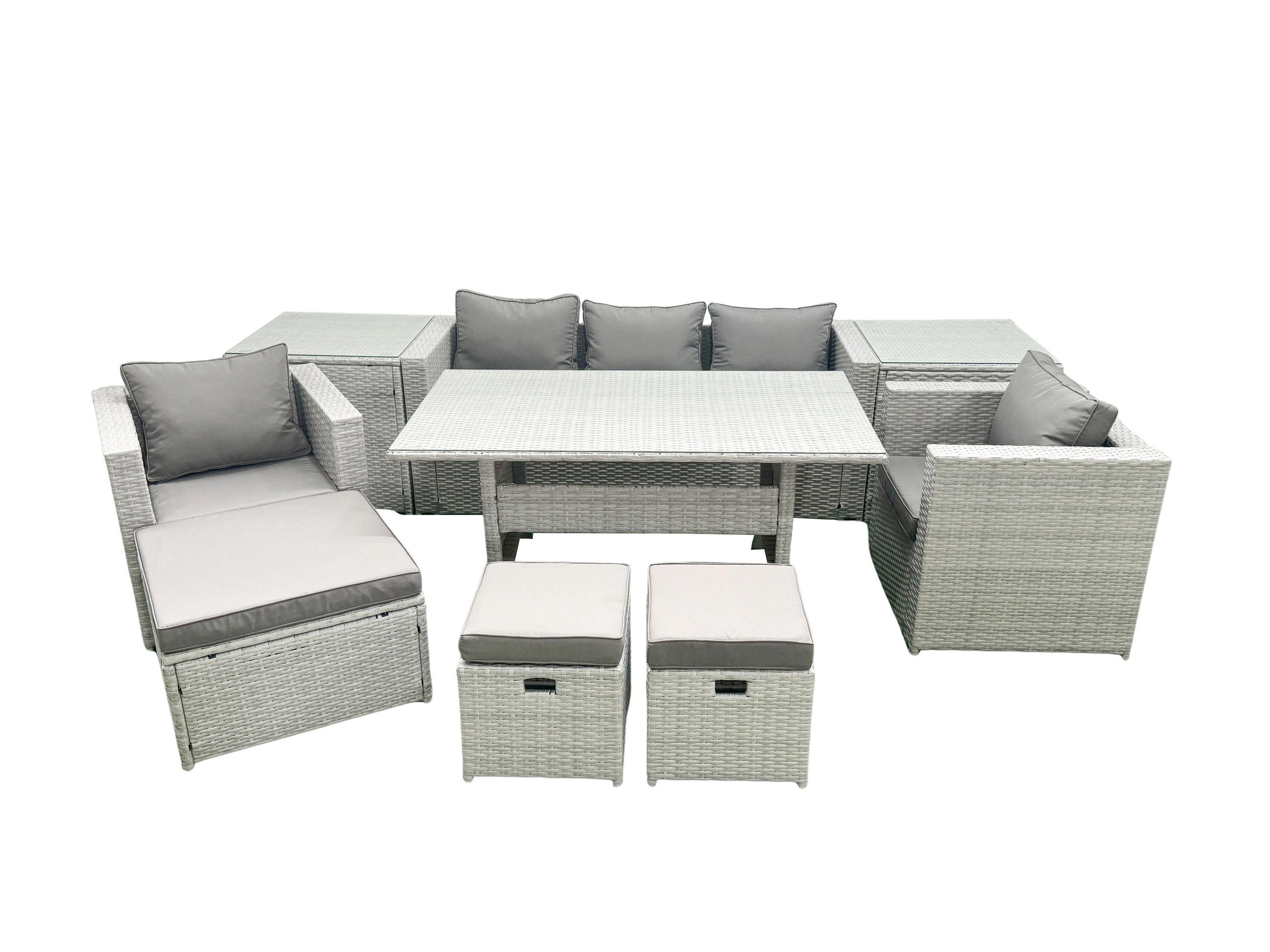 GARTENMÖBEL SET mit Sofa,3 Hockern,2 Beistelltischen Polyrattan Hellgrau 8-Sitzer - Hellgrau/Grau, Glas/Kunststoff - Fimous