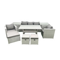 GARTENMÖBEL SET mit Sofa,3 Hockern,2 Beistelltischen Polyrattan Hellgrau 8-Sitzer - Hellgrau/Grau, Glas/Kunststoff - Fimous
