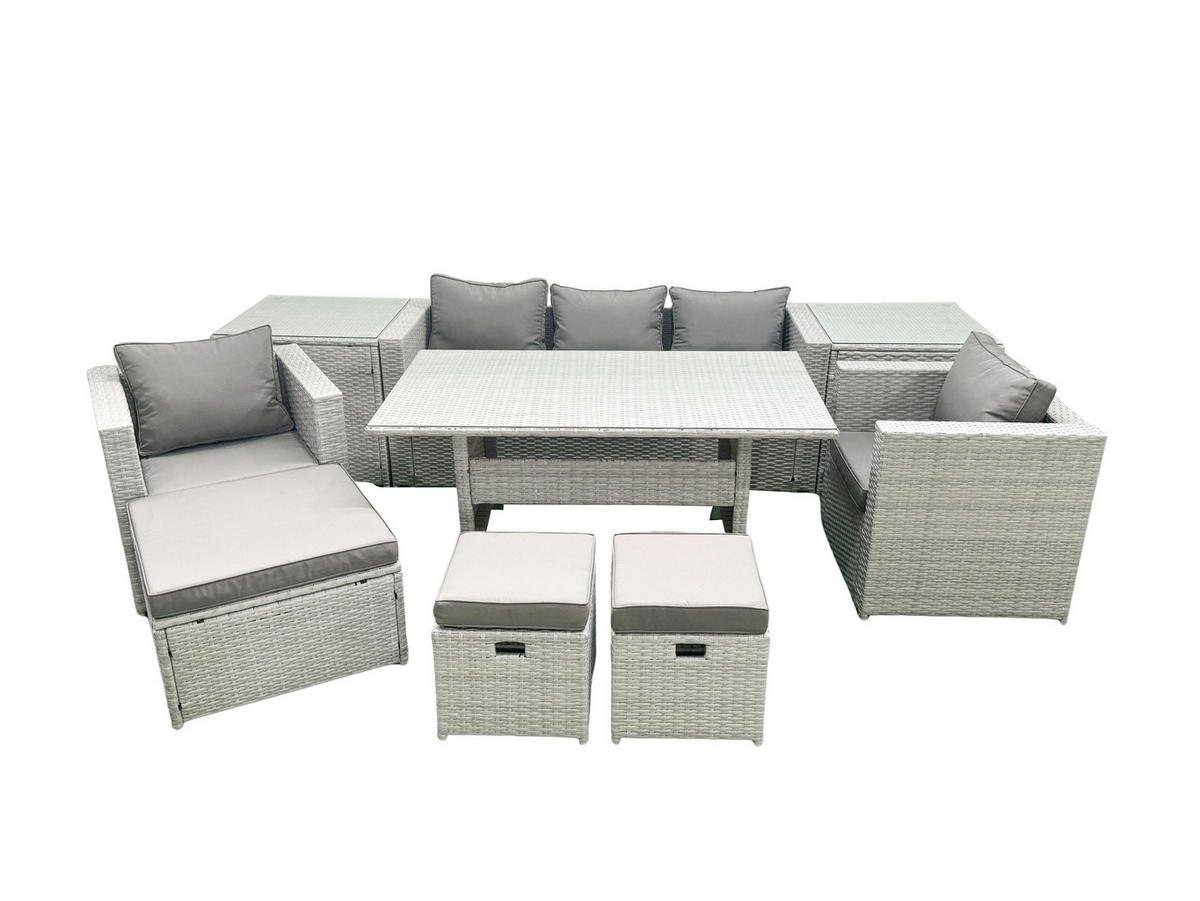GARTENMÖBEL SET mit Sofa,3 Hockern,2 Beistelltischen Polyrattan Hellgrau 8-Sitzer - Hellgrau/Grau, Glas/Kunststoff - Fimous