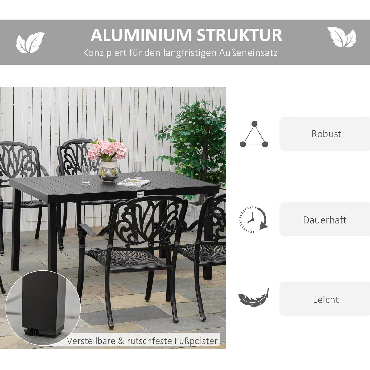 GARTENTISCH 140/90/74 cm schwarz aus Aluminium mit holzwerkstoffoptik-Platte - Schwarz, Metall (140/90/74cm) - OKWISH