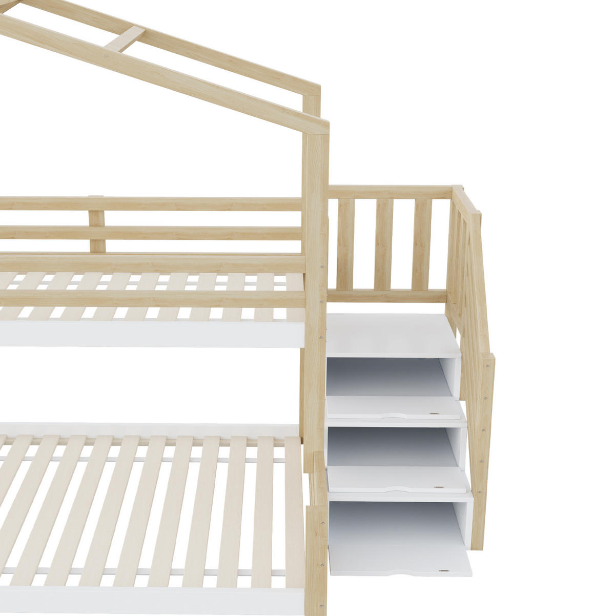 ETAGENBETT aus Kiefernholz und MDF Natur mit Stauraumtreppe, Hausdesign und Fenstern - Naturfarben, Holz (90/200cm) - IVMEU