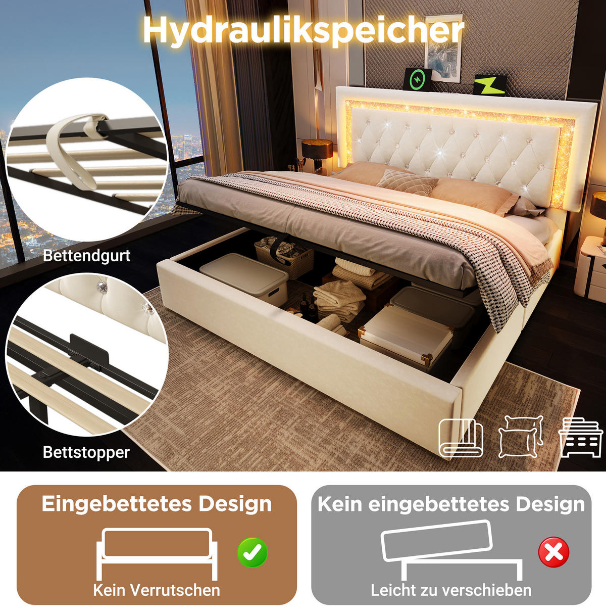 POLSTERBETT 140/200 cm Beige aus Samt mit Stauraum und LED-Beleuchtung mit Matratze - Beige, Textil (140/200cm) - OKWISH