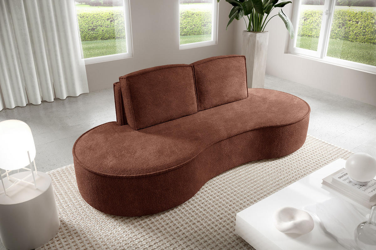 SOFA Molly – Freistehendes halbrundes Designsofa mit zwei eleganten, abnehmbaren RückenKissen, Abriamo Stoff, Größe: 234x101x88 cm, Braun - Braun, Holz/Textil (234/88/101cm) - DomoHome