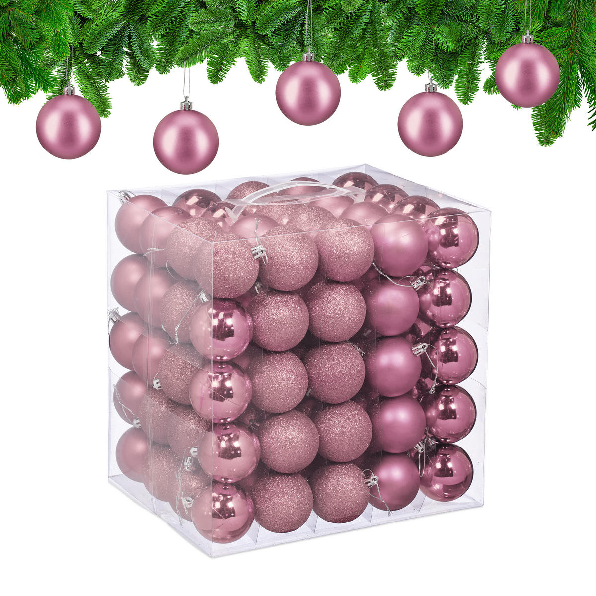 100XWEIHNACHTSKUGELN - Rosa, Kunststoff (6/7/6cm) - Relaxdays