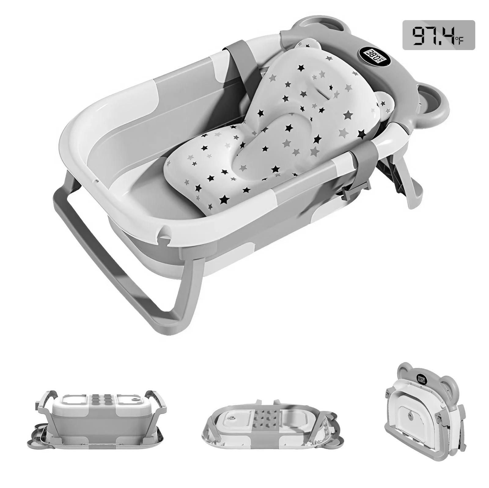BABYBADEWANNE Tragbare zusammenklappbare, mit Thermometer und 1 weichem schwimmendem Kissen, Abflussloch, Grau - Grau, Kunststoff (72/41cm) - Kaket
