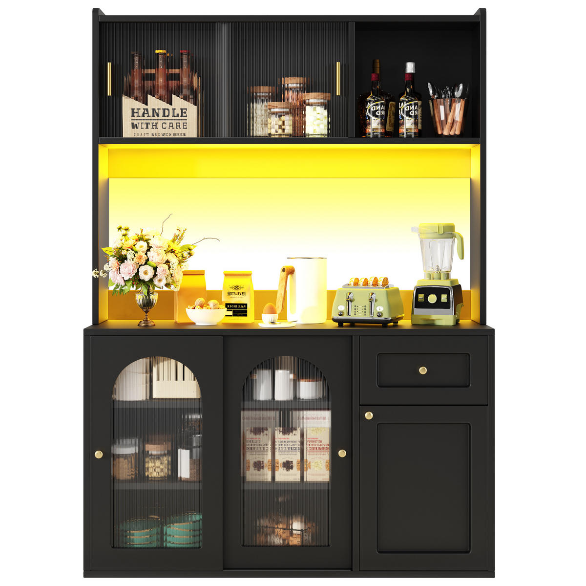 HIGHBOARD schwarz aus MDF/Spanplatte mit Glastüren und LED-App-Steuerung, 120/35/167 cm, Schwarz - Schwarz, Holzwerkstoff (120/167/35cm) - Redom