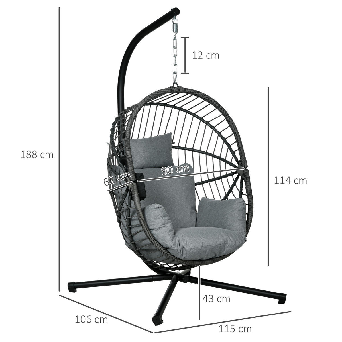 HÄNGESESSEL DE-06958 inkl. Polster, Egg-Chair, bis 120 kg Grau - Grau, Metall (106/188/120cm) - ComfortXL