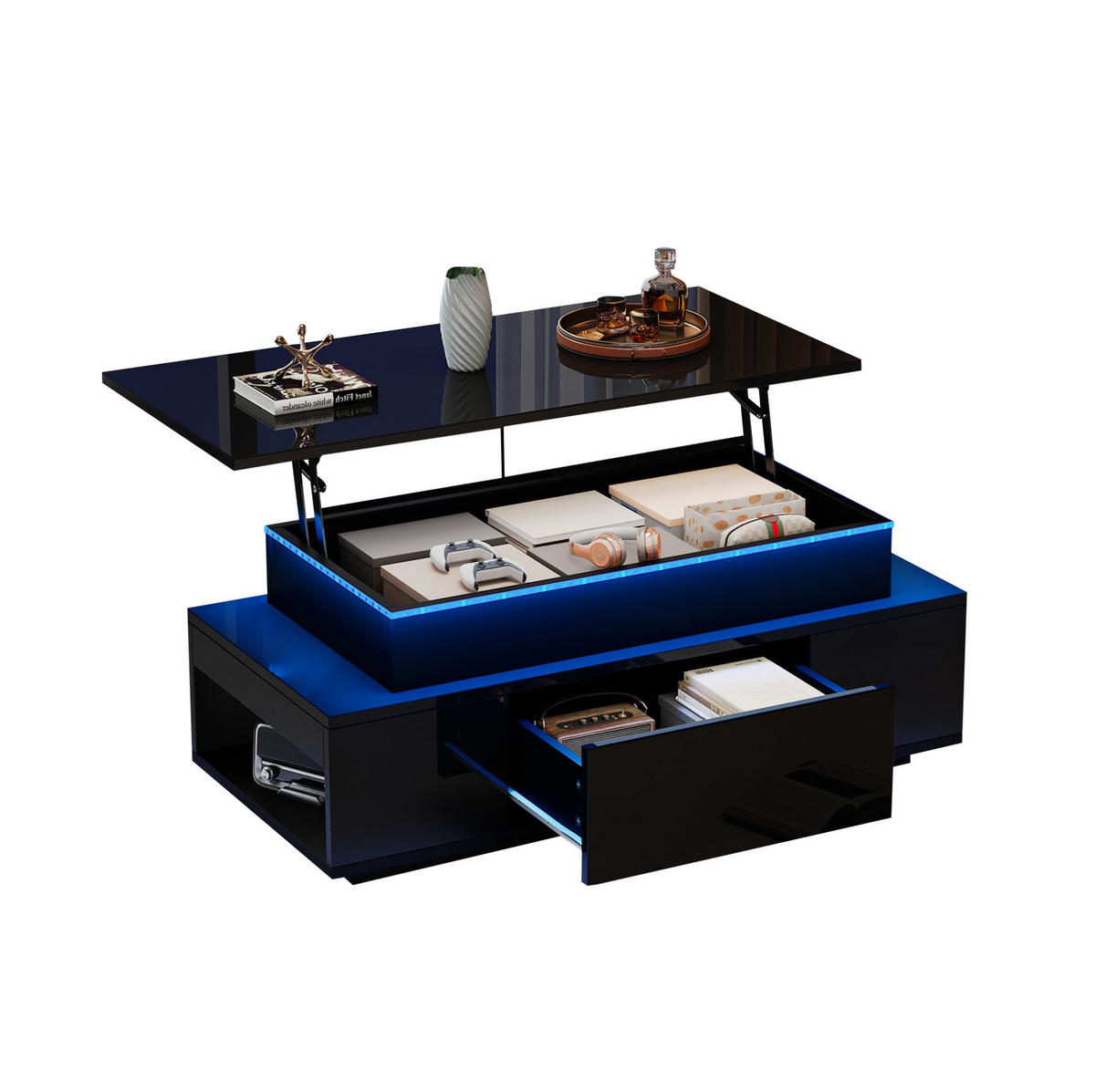 COUCHTISCH aus Spanplatte 96x45x40 cm Schwarz mit LED-Beleuchtung, Hubtischplatte und Stauraum - Schwarz, Holzwerkstoff (96/45/40cm) - IVMEU
