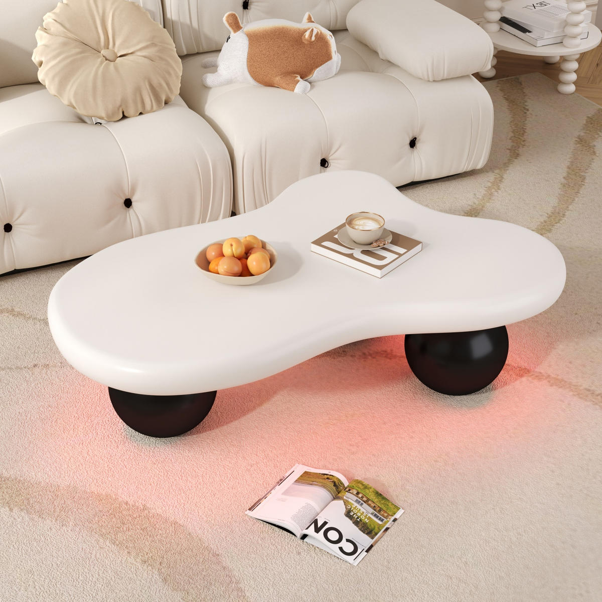 COUCHTISCH Wolkenform mit LED Farbwechsel 16 Farben Weiß Rundbeine MDF modern kinderfreundlich - Schwarz/Weiß, Holzwerkstoff (95/62.5/32cm) - EVRYAE