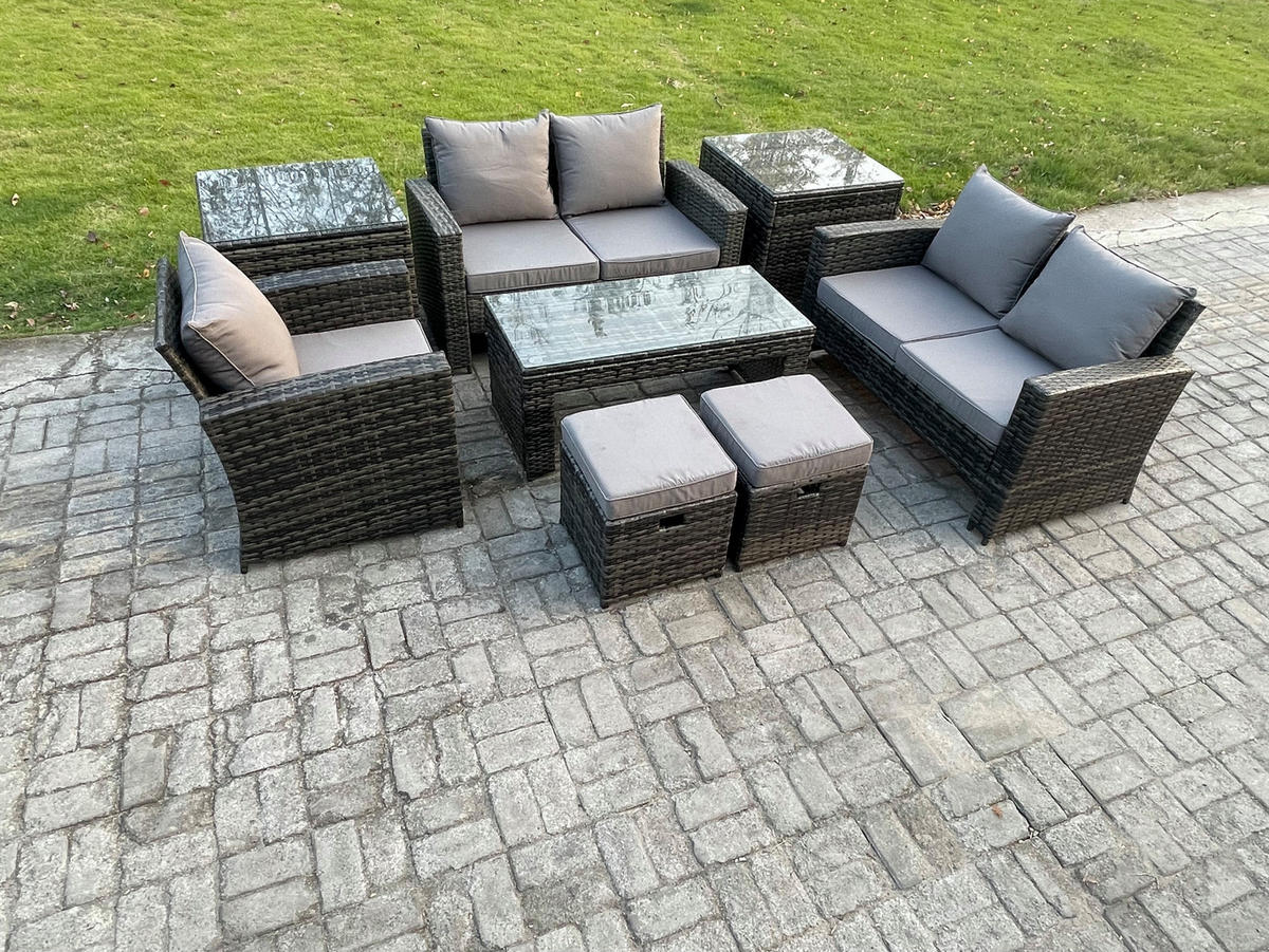 GARTENMÖBEL Set Polyrattan Dunkelgrau 7-Sitzer - Dunkelgrau, Metall - Fimous