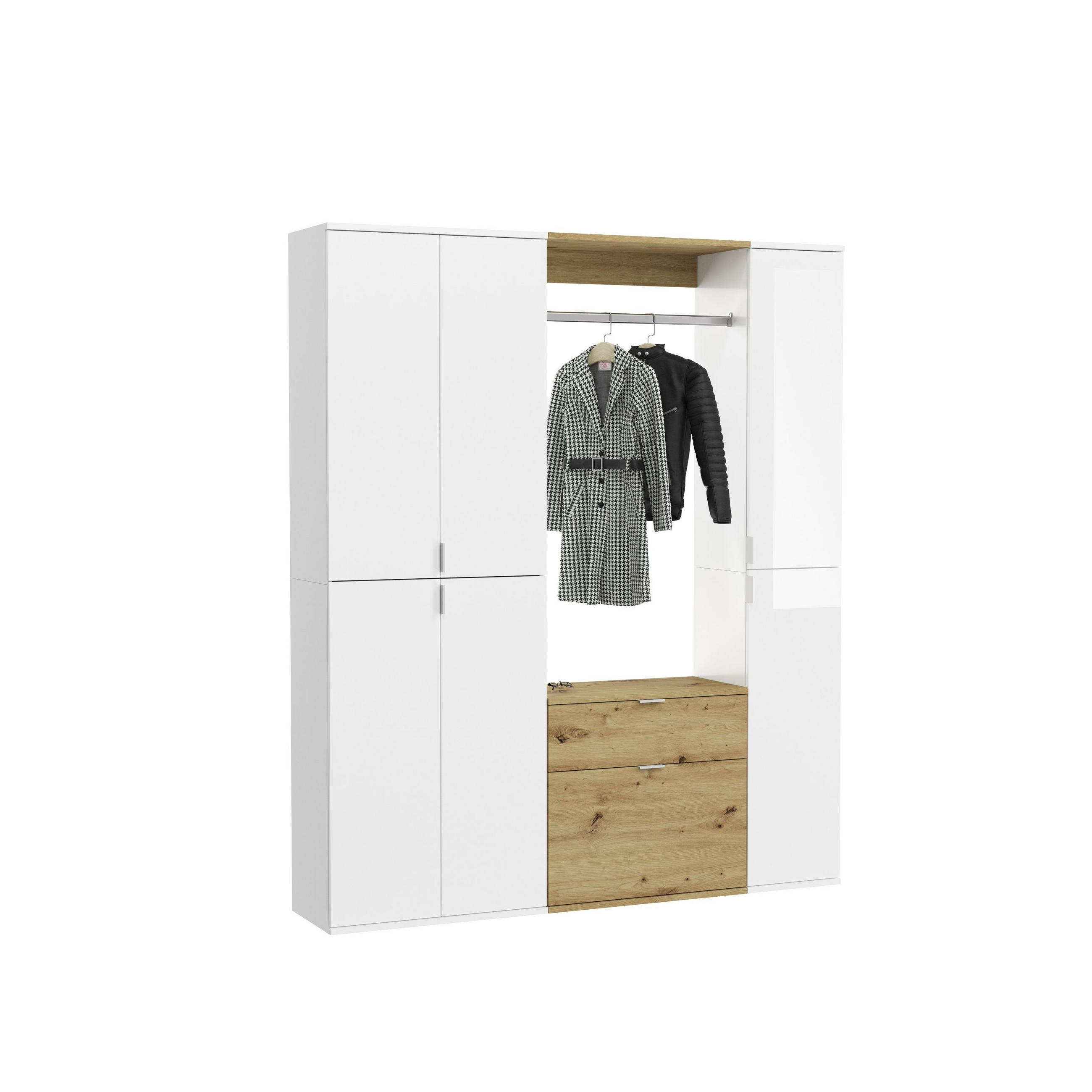 GARDEROBE Nexus 3-tlg. (B/H/T: ca. 152/193/34 cm) in Weiß / Artisan Eiche /weiß hochglanz - Weiß Hochglanz, Holzwerkstoff (152/193/34cm)