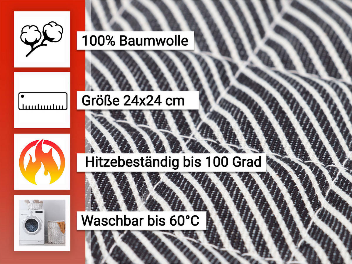 TOPFLAPPEN, 2er-Set, 24x24 cm, 100% Baumwolle, Grau - Schwarz/Weiß, Textil (24/24cm) - Zollner