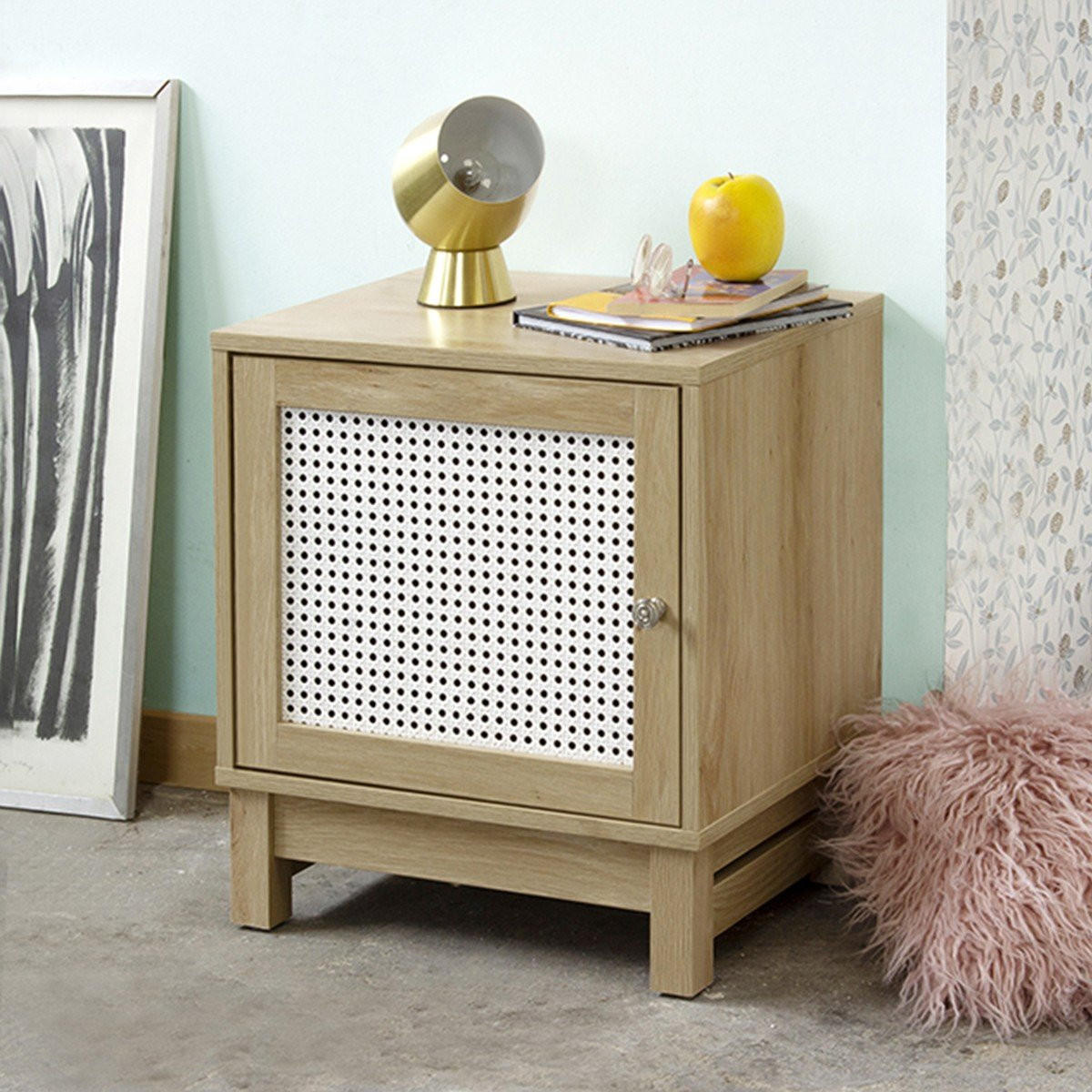 NACHTTISCH mit 1 Tür Rattanimitat - Apfelbaumfarben, Holzwerkstoff (35/50/45cm) - Calicosy