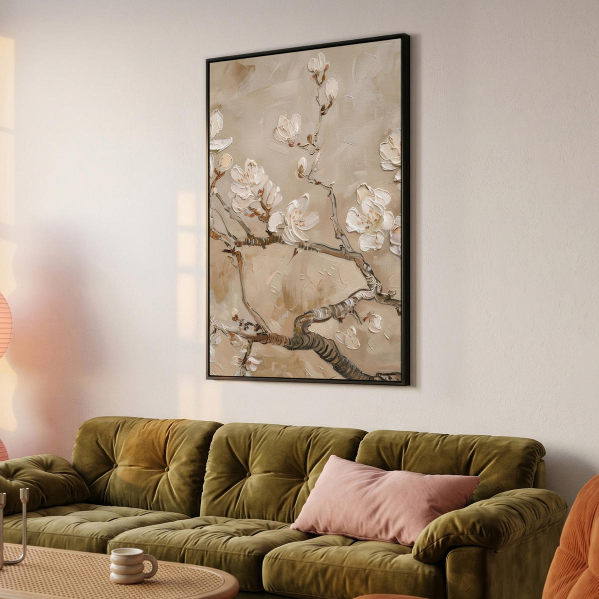 LEINWAND Bilder mit Rahmen - Blumen - Modern - Beige - Weiß - Blüte - 100x150 - Beige, Textil (100/150cm) - MuchoWow