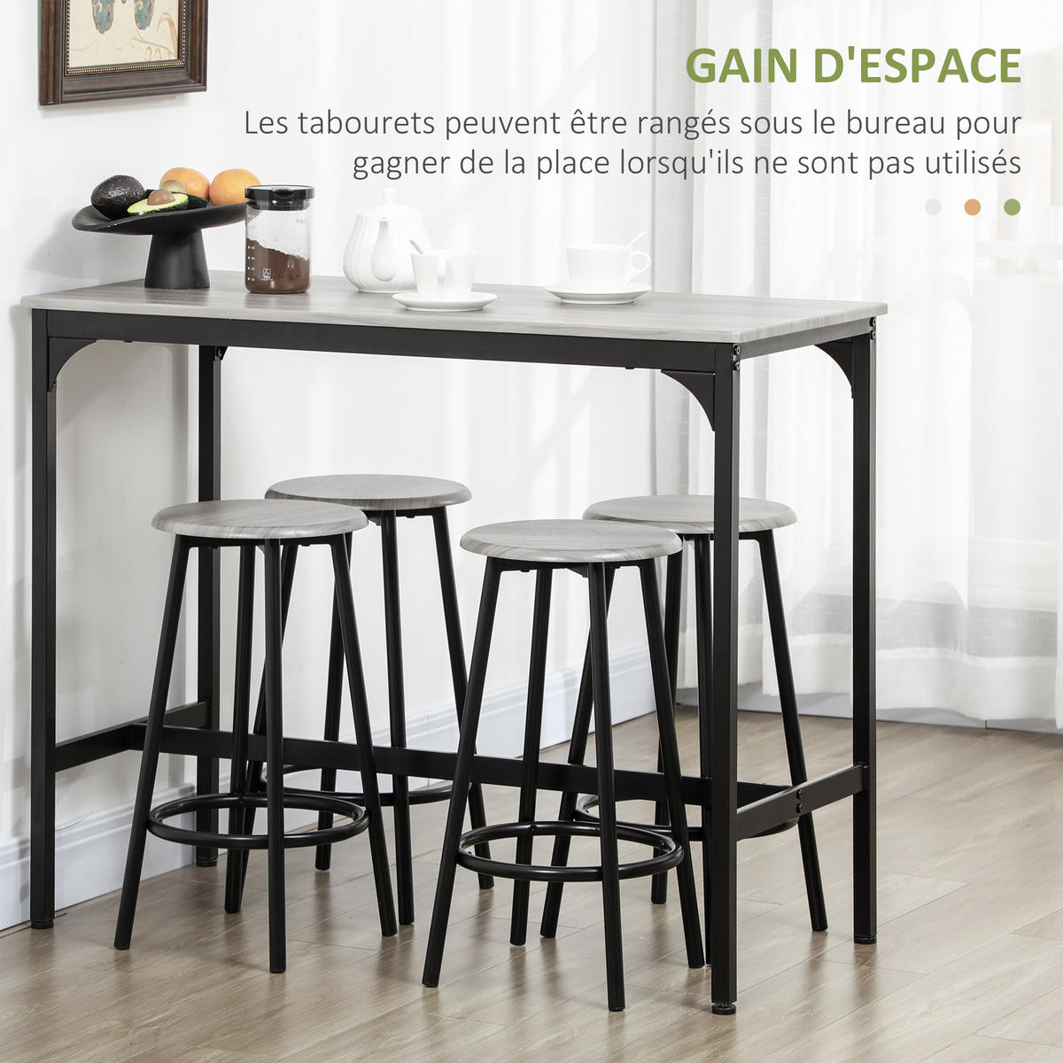 BARTISCH-SET DE-14757 mit 4 Hockern & Fußstützen Schwarz/Holzoptik - Grau, Holzwerkstoff (110/50/89.5cm) - ComfortXL