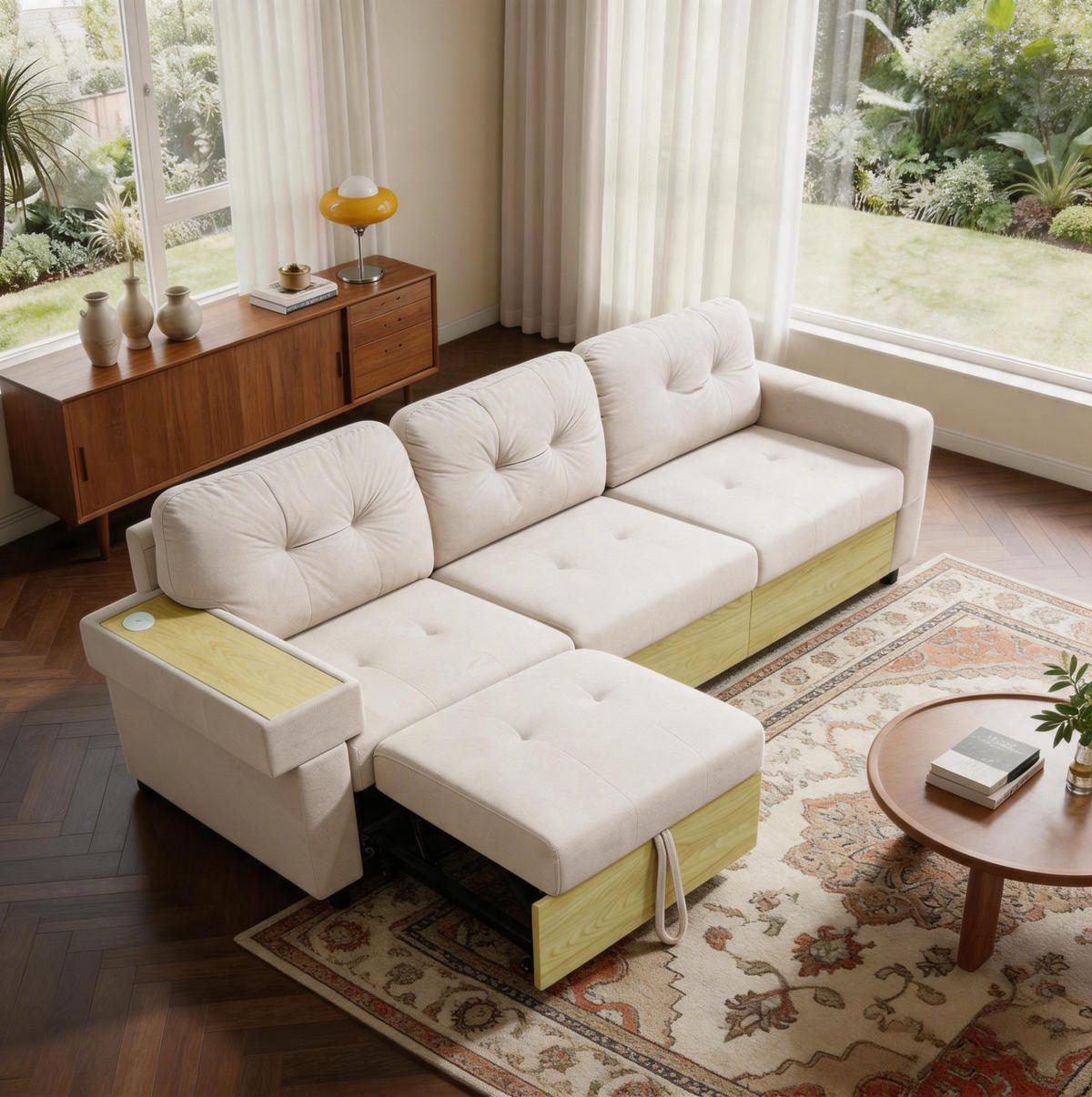 ECKSOFA 228/80/78 cm aus Samt mit Ottomane, USB-Anschluss und Stauraum Beige - Beige, Textil (80/228cm) - Modenvie