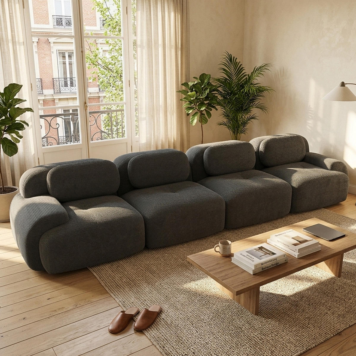 4-SITZER SOFA Modulares Boneless Cord Sofa Rahmenlos - Grau, Textil (388/75/103cm) - Urban Meuble