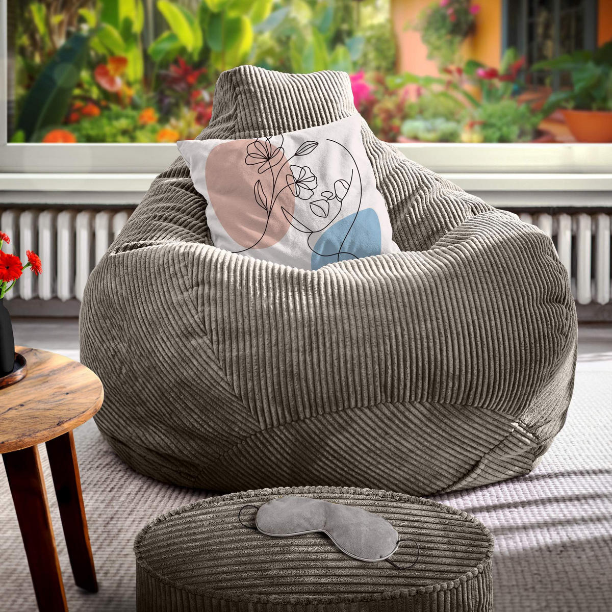 LOUNGE-SITZSACK Cozy + Fußhocker - Dunkelgrau, Textil (80/90/90cm) - Green Bean
