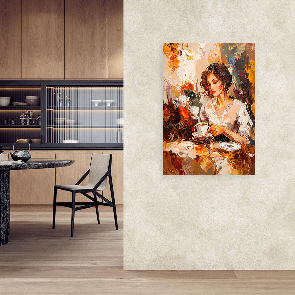 LEINWANDBILD Frau trinkt Kaffee Imitation von Farbe 60x90cm - Orange, Textil (60/90cm) - Feeby